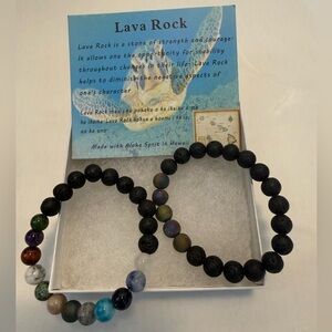 NWT Handmade Hawaiian Black Lava Rock Bracelets (Set of 2) w/Multicolor Accents